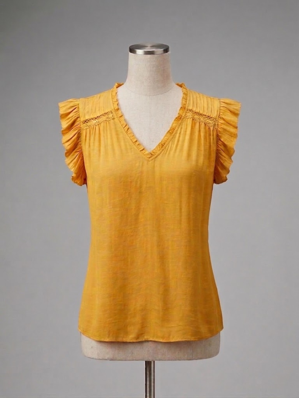Tahari Rich Yellow Flutter Ruffle Sleeve V-Neck Lace Trim Blouse Top | Small